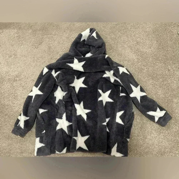 Super Star SHEIN Blanket like Sweater Hoodie White Stars on Navy/Grayish Color - Picture 2 of 7